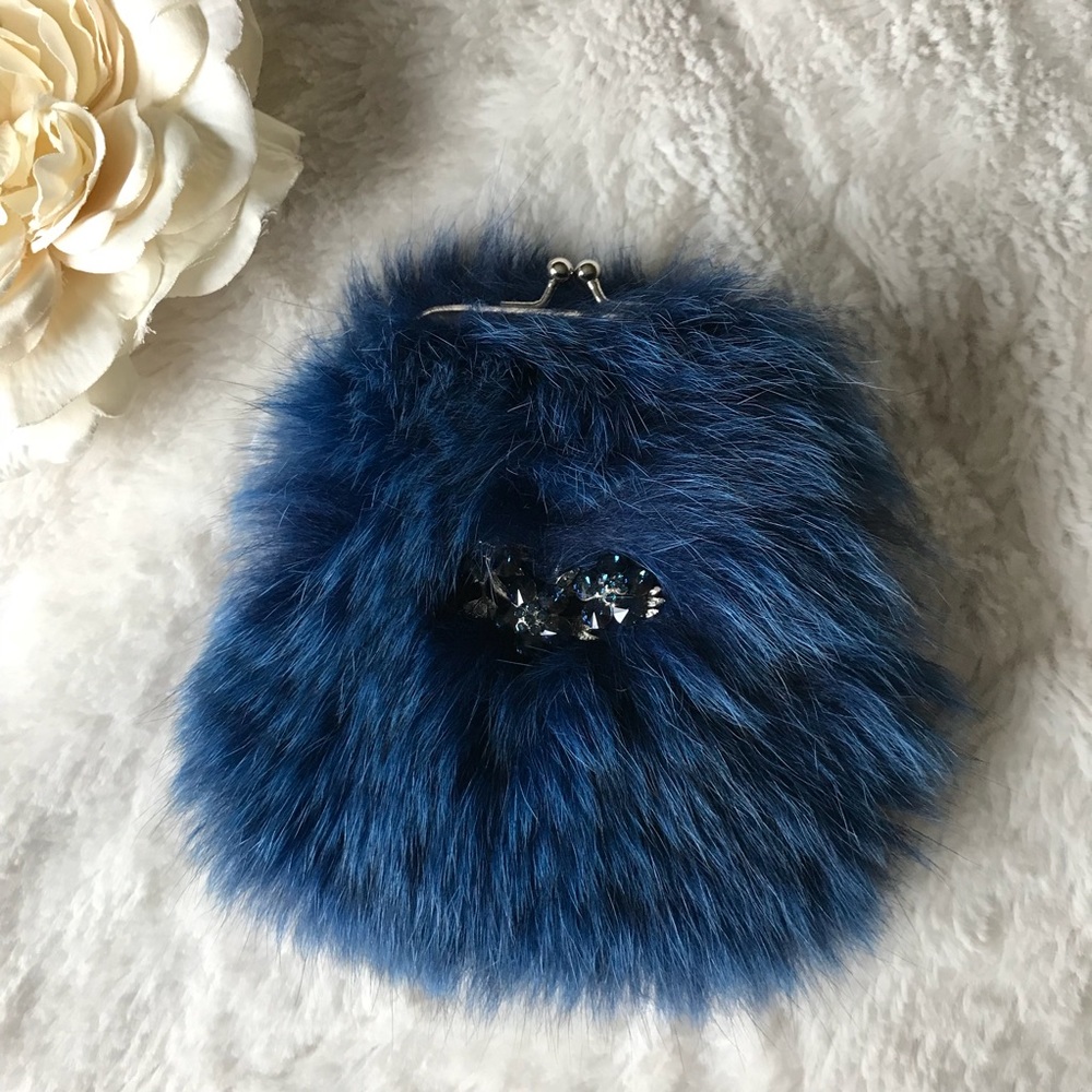 Blue Fox Fur & Gold satin Rhinestone Coin purse